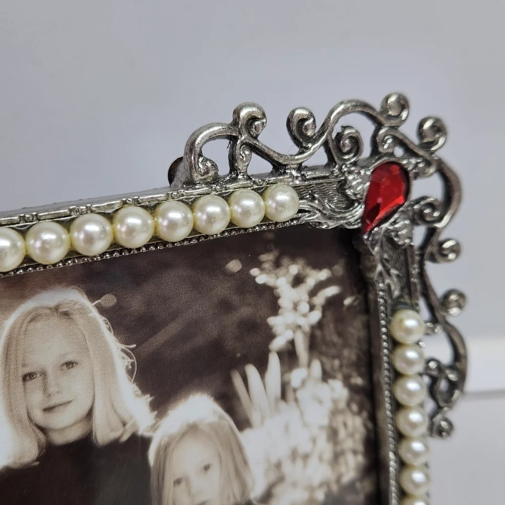 Ornate Silver Tone Red Rhinestone Faux Pearl Embellished 4